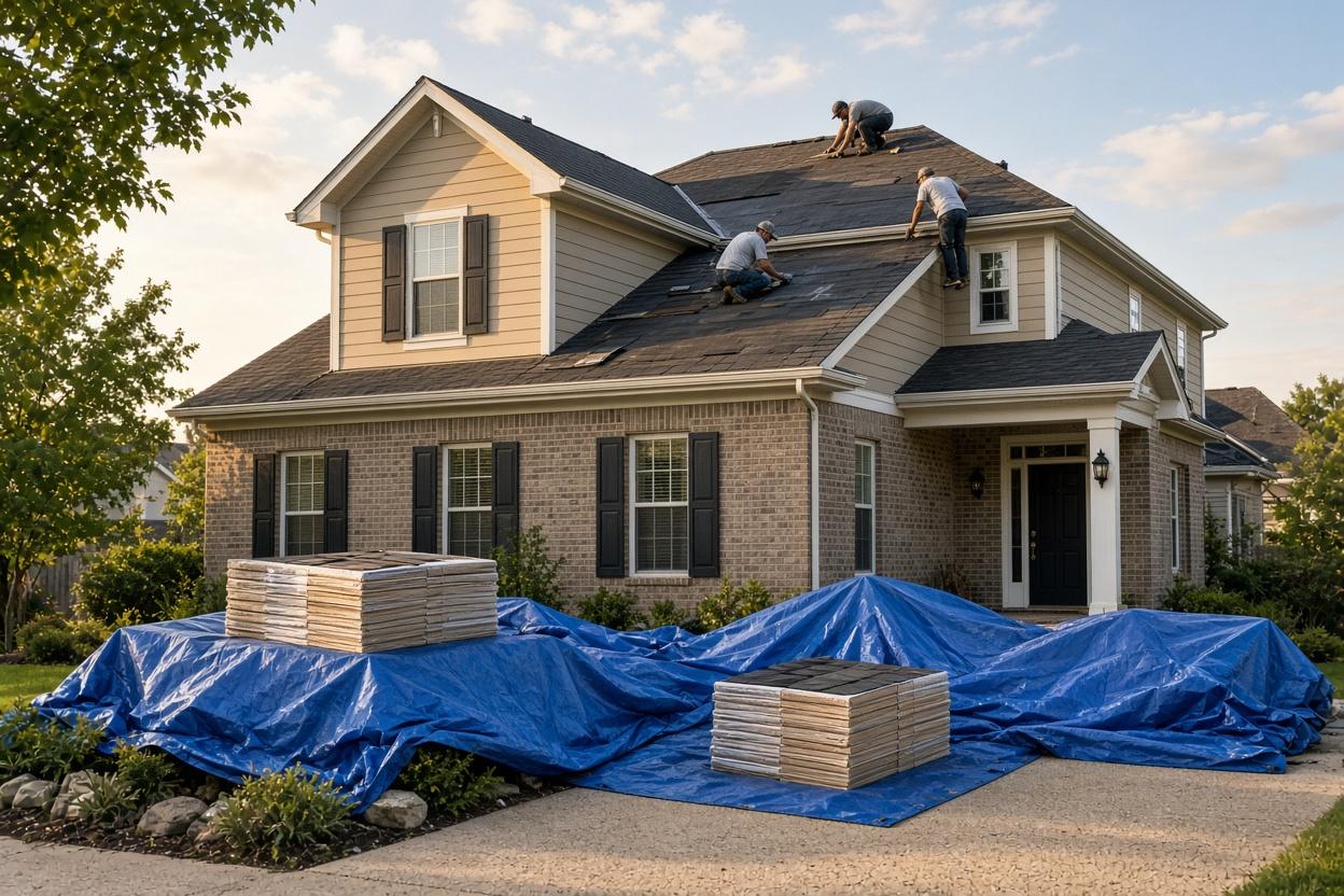 Roofing crew prepping a Dallas home for a full roof replacement with protective tarps and new shingles