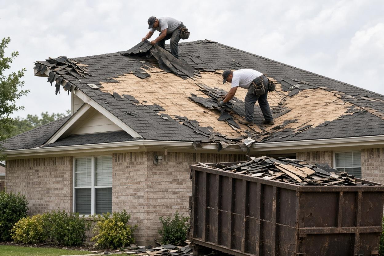 Roofers tearing off old asphalt shingles during a Dallas roof replacement
