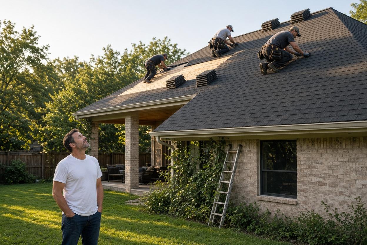 Dallas homeowner reviewing the progress of a new architectural shingle roof