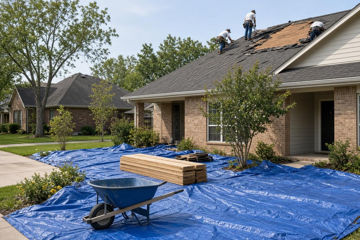 Protected Dallas roofing jobsite with tarps covering the yard during a roof replacement