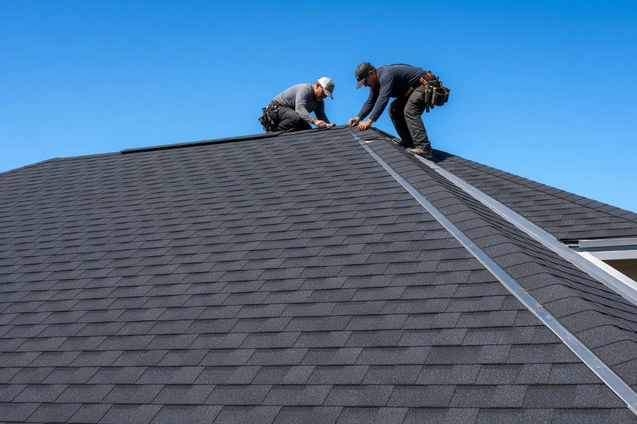Close-up of new architectural asphalt shingles and flashing installed on a Dallas roof