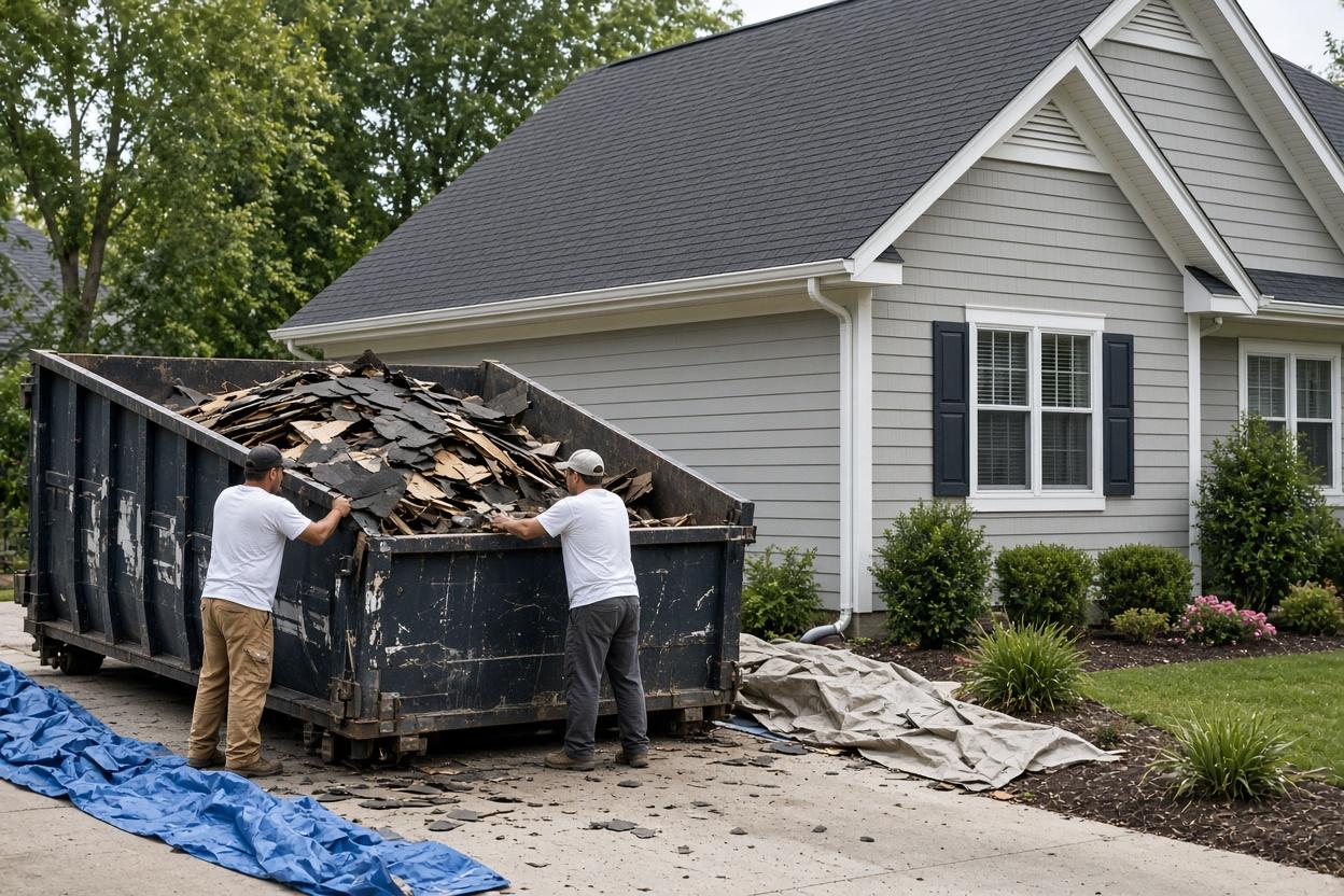 Roofing crew loading old shingle debris into a dump bin during a Dallas roof replacement cleanup