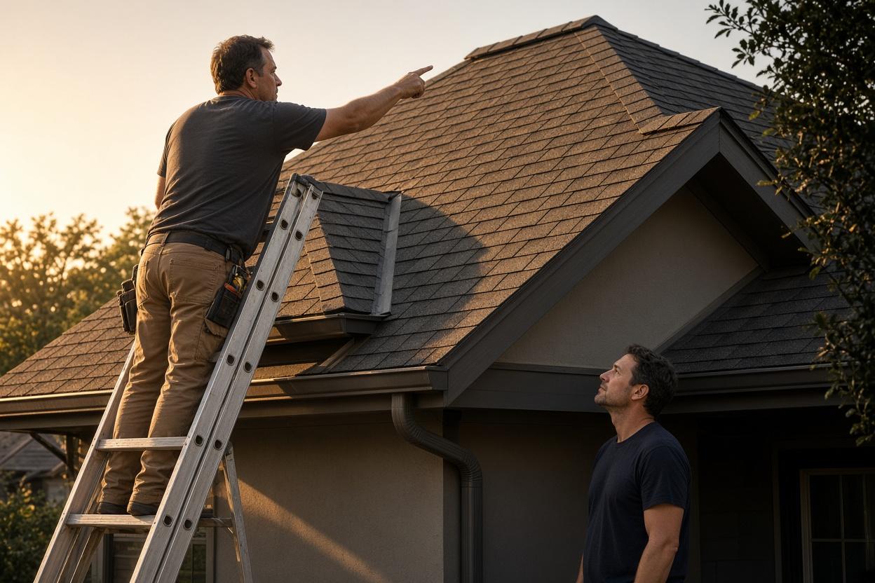 Roofing contractor doing a final walkthrough with a Dallas homeowner on a finished new roof