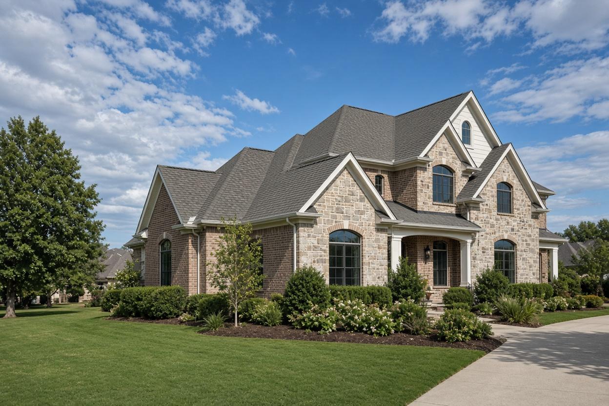 Finished architectural asphalt shingle roof on a Dallas suburban home