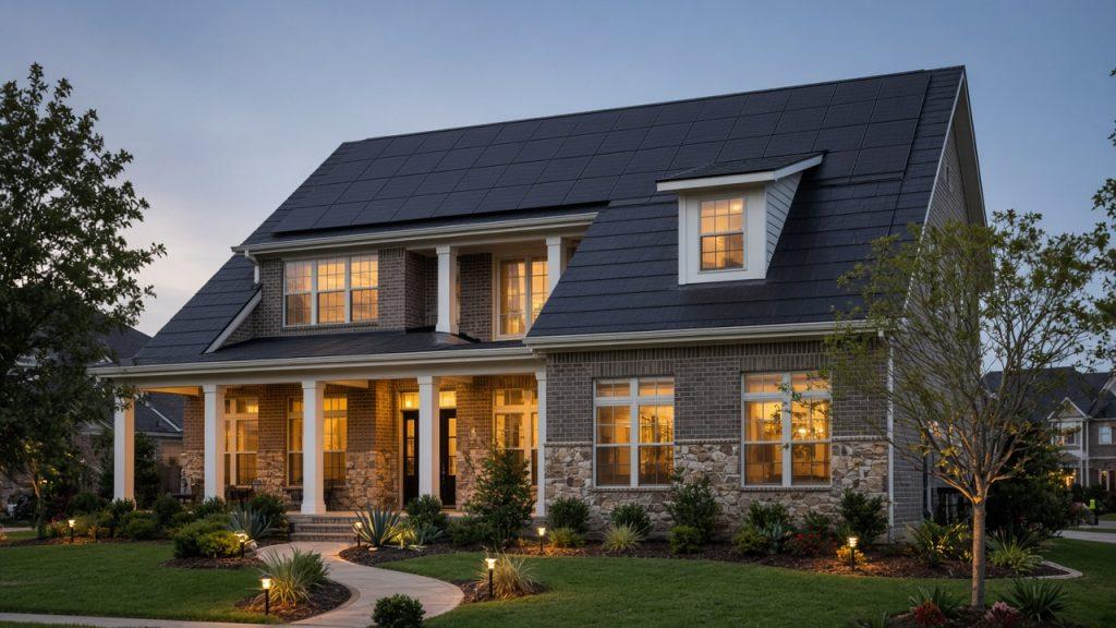 Solar shingle roof Texas home dusk